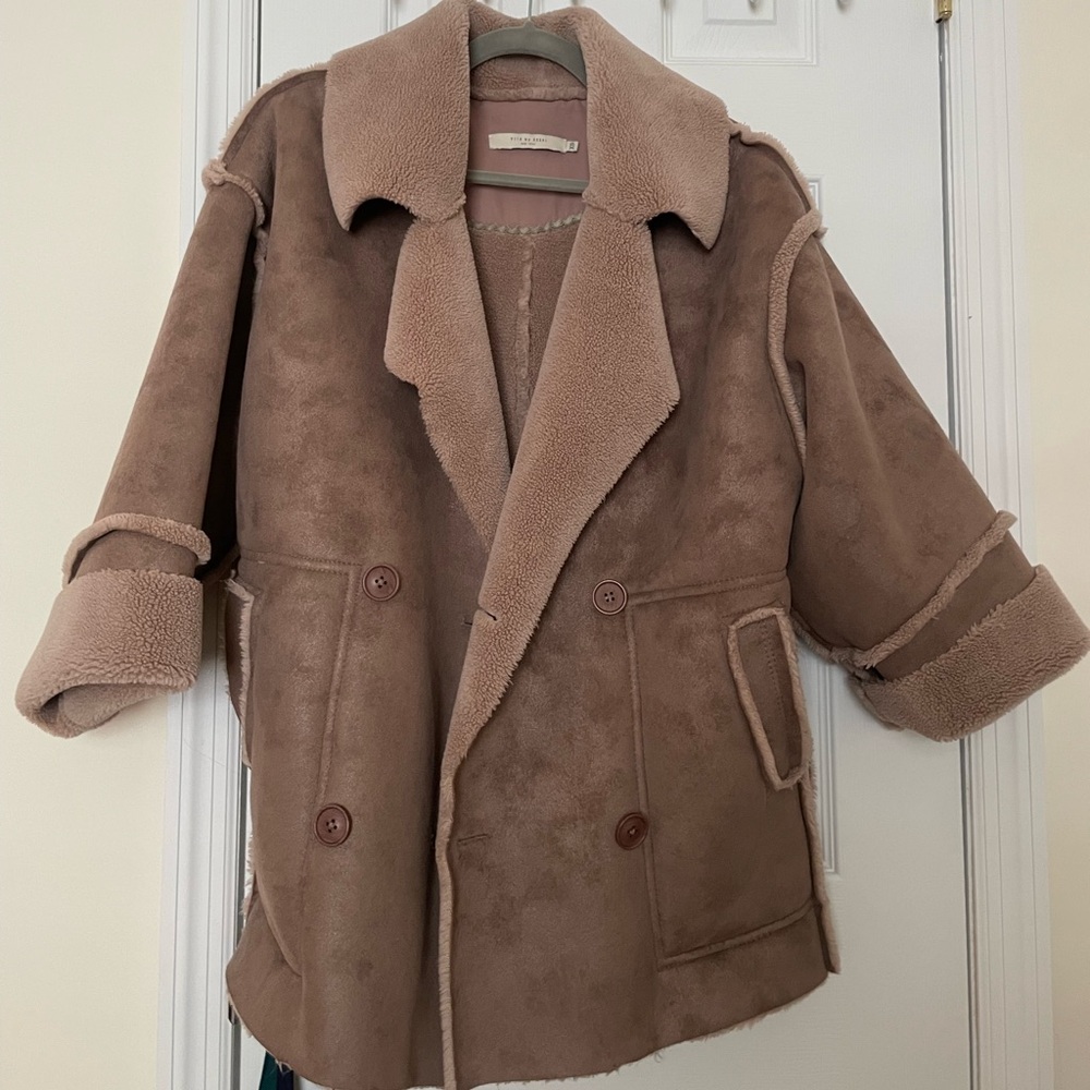 Taupe Shearling-Trim Double-Breasted Coat